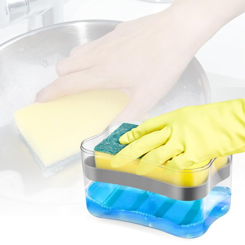 2-In-1 Soap Dispenser & Sponge Holder Combo for Kitchen Large Capacity Easy One-Hand Operation Gray Includes Drip Tray & Caddy for Clean and Organized Countertops Home Goods